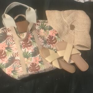 Old Navy Floral Tropical Canvas Tote in Pink, Green and Brown